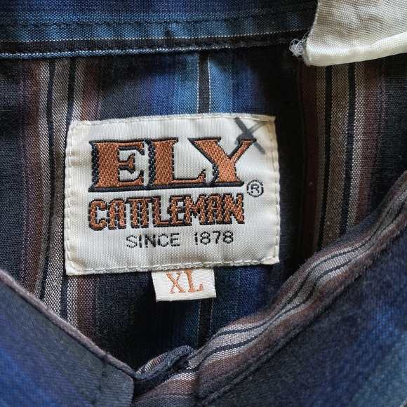 Vintage ELY Cattleman Men's XL Pearl Snap  LS Shirt Stripe Blue Brown Western - Picture 6 of 13